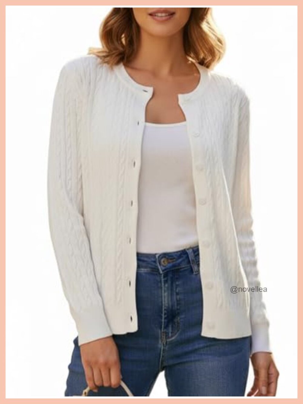 Lightweight Cable Knit Button Down Crew Neck Long Sleeve Cardigan Sweater